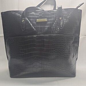 London Fog Collection Large Black Tote Bag Faux Leather w Croc Design